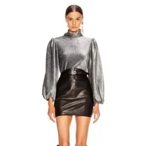 Ganni Lurex Jersey Silver Metallic Long Puff Sleeve Turtleneck Jumper Top